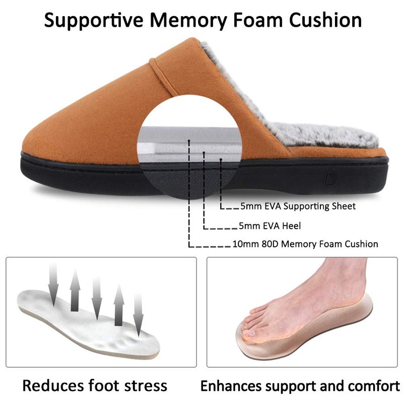 DL Men's Memory Foam Slippers with Fuzzy Plush Lining, Slip on House Slippers with Indoor Outdoor Anti-Skid Rubber Sole, Brown, 11-12 - Image 3